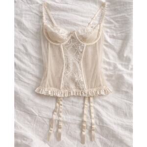 Vintage Victoria’s Secret Ivory Lace Corset Top 34C Sheer Mesh Bustier Coquette